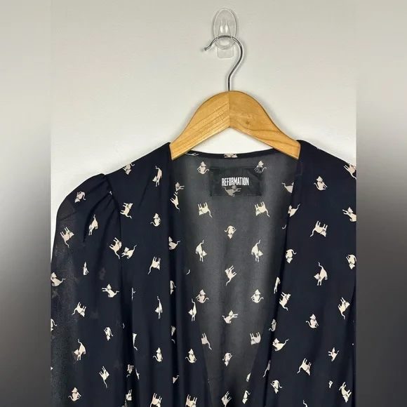 Reformation Whitby Wrap Gato Cat Print V Neck Mini Dress Women’s Sz XS - Picture 6 of 10
